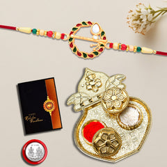 Morli Rakhi With Round And Beads Rakhi With Kalash Pooja Thali Set ,Silver Color Pooja Coin, Roli Chawal & Greeting Card
