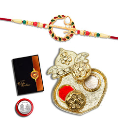 Morli Rakhi With Round And Beads Rakhi With Kalash Pooja Thali Set ,Silver Color Pooja Coin, Roli Chawal & Greeting Card