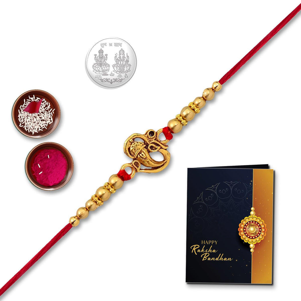 Rakhi Combo with (K1_4) with Pooja Coin & Rakhi Greeting Card, Chandi ki rakhi, lumba rakhi for bhabhi, bhai bhabhi rakhi set, kundan rakhi, rakhi cards