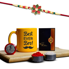 Rakhi Combo (K1_558_YTM) Plastic, Unbrekable Tea / Milk / Coffee Mug (Yellow Best Ever Bro Mug) with Pooja Coin & Greeting Card, rakhi set, rakhi mug, rakhi for brother with mug, rakhi mug for brother, rakhi for brother with coffee mug, rakhi with