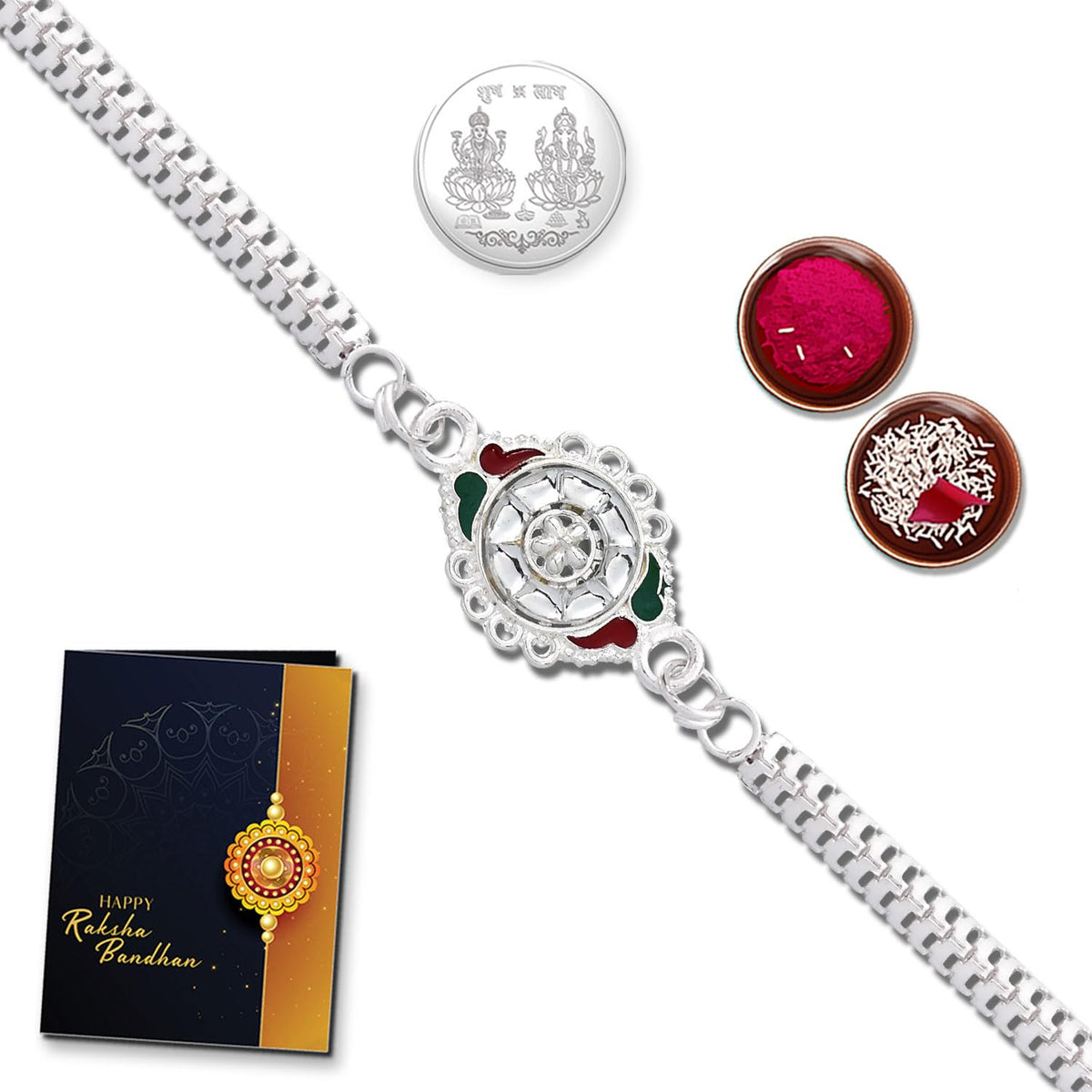 Unisex Adult Rakhi (K1_A1) Pooja Coin, Tilak Set & Rakhi Card, Silver Rakhi For Brother, Bhaiya Bhabhi Rakhi Set, Chandi Ki Rakhi, Lumba Rakhi For Bhabhi, Bhai Bhabhi Rakhi Set