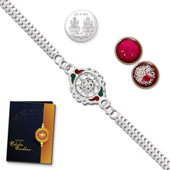 Unisex Adult Rakhi (K1_A1) Pooja Coin, Tilak Set & Rakhi Card, Silver Rakhi For Brother, Bhaiya Bhabhi Rakhi Set, Chandi Ki Rakhi, Lumba Rakhi For Bhabhi, Bhai Bhabhi Rakhi Set