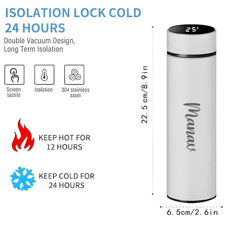 0726 Customized/Personalized Stainless Steel Smart Water Bottle with Smart LCD Temperature Touch Screen | Gifting Custom Name Water Bottle | Gifts for Boyfriend/Girlfriend/Employee | 500ML