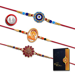 Unisex Adult Three Traditional Rakhis With Om, Flower, And Ganesha Designs Pack Of 3 Designer Rakhis For Brothers Best Rakhi Combo For Brothers Attractive Rakhi Set Of 3 - Perfect For Siblings