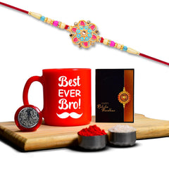 Rakhi Combo (K1_559_RTM) Plastic, Unbrekable Tea / Milk / Coffee Mug (Red Best Ever Bro Mug) with Pooja Coin & Greeting Card, rakhi set, rakhi mug, rakhi for brother with mug, rakhi mug for brother, rakhi for brother with coffee mug, rakhi with mug