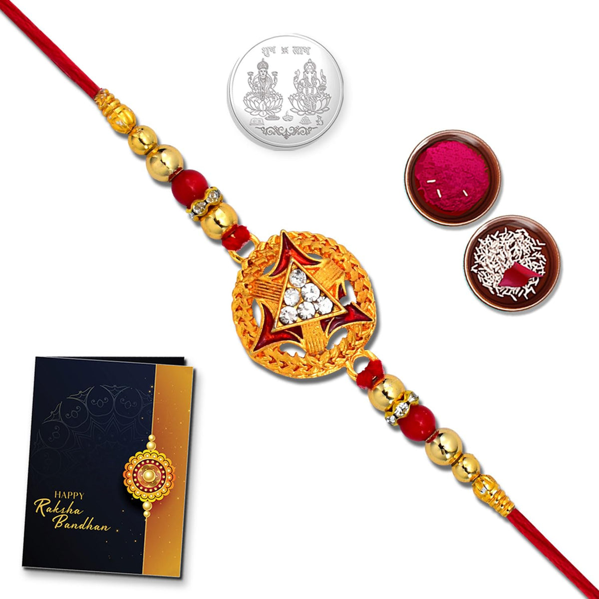 Unisex-Adult Rakhi Combo With (K1_4) With Pooja Coin, Tilak Set & Rakhi Card, Rakhi For Brother & Bhabhi, Silver Rakhi For Brother, Bhaiya Bhabhi Rakhi Set, Chandi Ki Rakhi Set Of 1