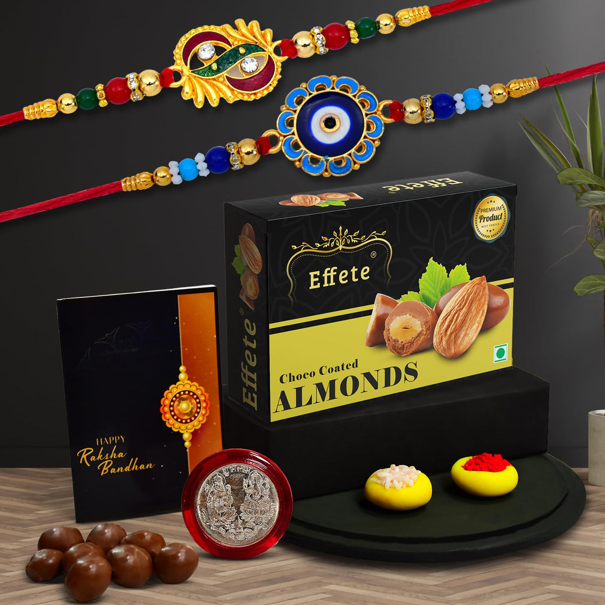 Rakhi (K2_273+275_CA32) & Chocolate Almonds 32gm, Rakhi for brother with gift, Rakhi with chocolate, rakhi combo for brother, Set of 2 Rakhi, Chocolate