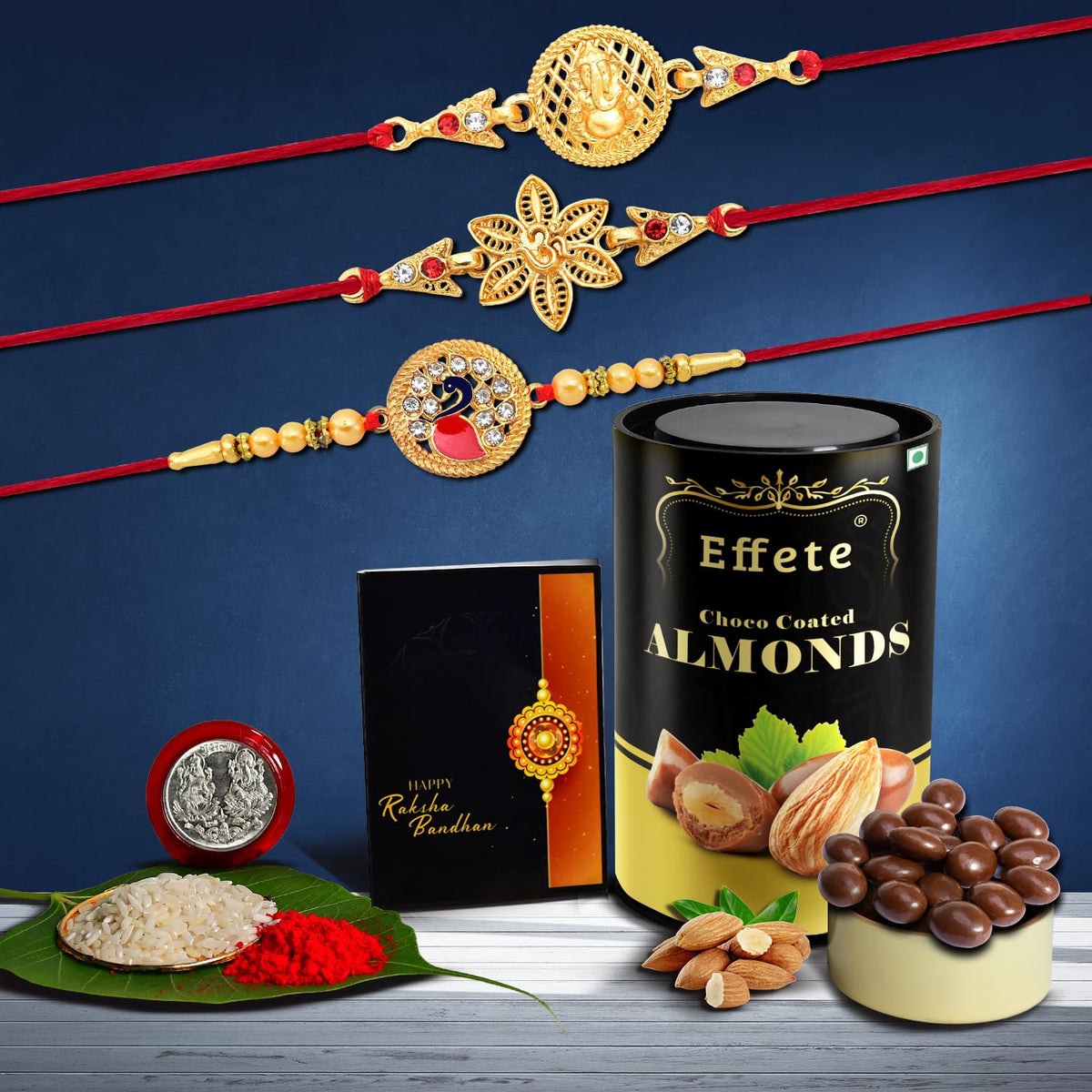 Rakhi (K3_431+432+433_CA) & Chocolate Almonds 96gm| Rakhi for brother with gift | handmade rakhi |rakhi combo for brother | stylish rakhi for brother | Set of 3 Rakhi |