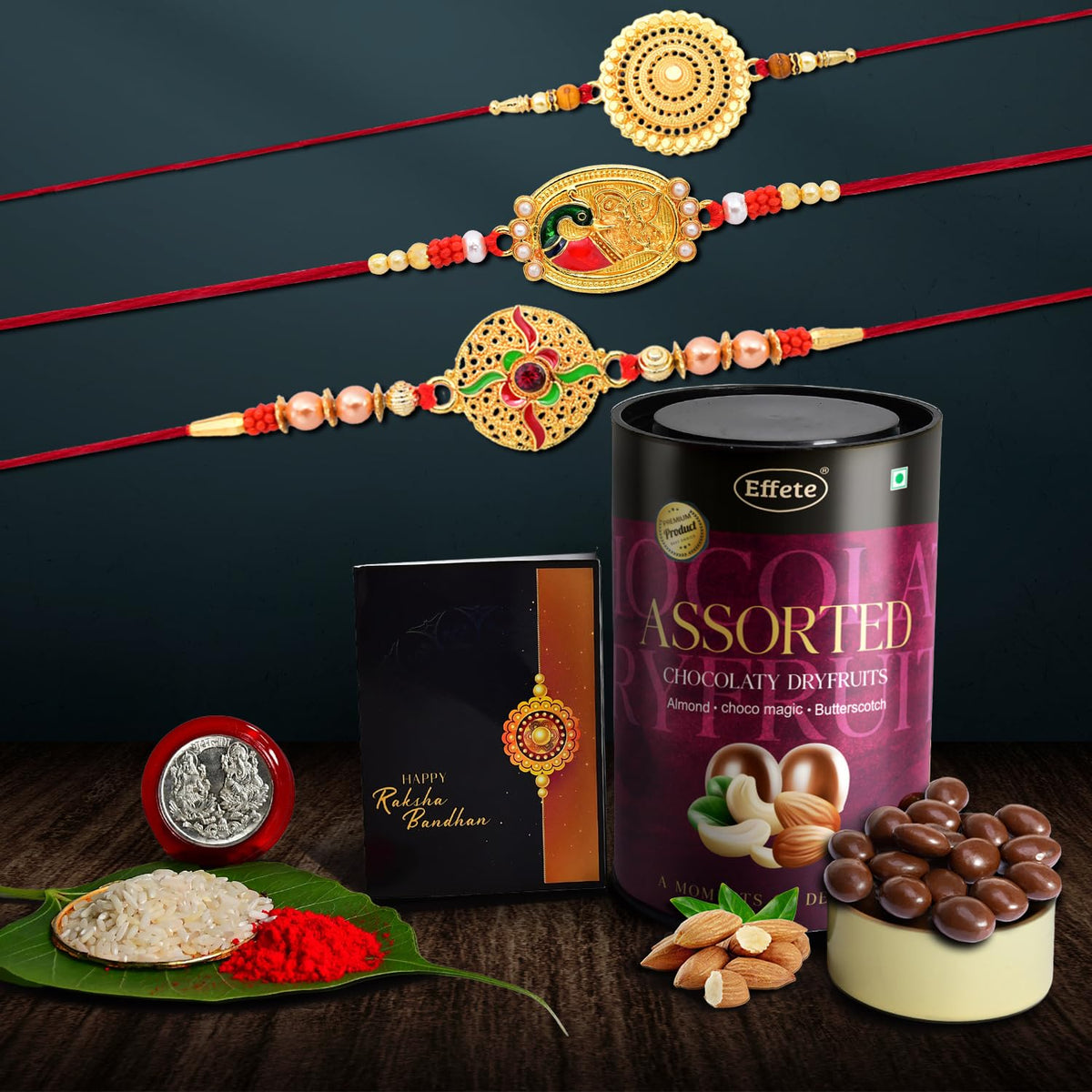 (K3_362+401+402_AS) Rakhi Combo with Assorted Chocolate Dryfruits 96gm| Rakhi for brother with gift | Fancy Rakhis for men stylish |rakhi combo for brother | Set of 3 Rakhi |  Chocolate |