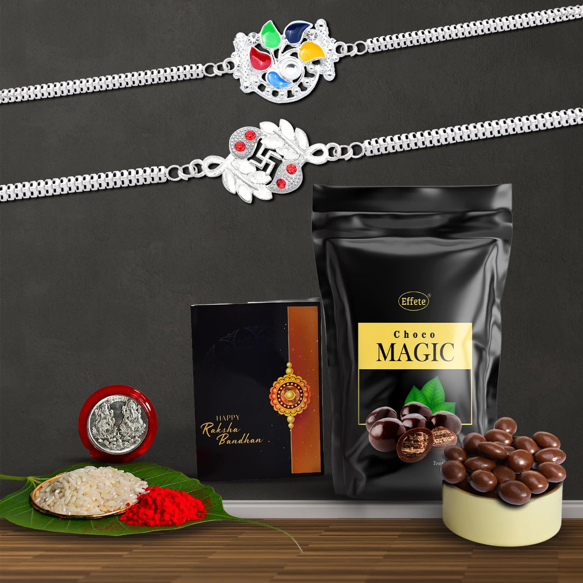 Rakhi (K2_A45+C1_SM) & Choco Magic (Pouch), Rakhi & Chocolate for brother, Rakhi with chocolate, rakhi with gift, Rakhi Combo, Set of 2 Rakhi,  Chocolate
