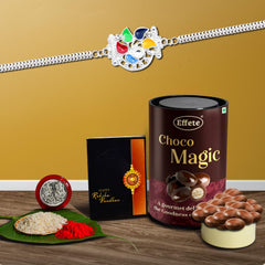 Rakshbandhan Special Silver Color Rakhi with Chocolate, Roli Chawal, Pooja Coin and Greeting Card Combo