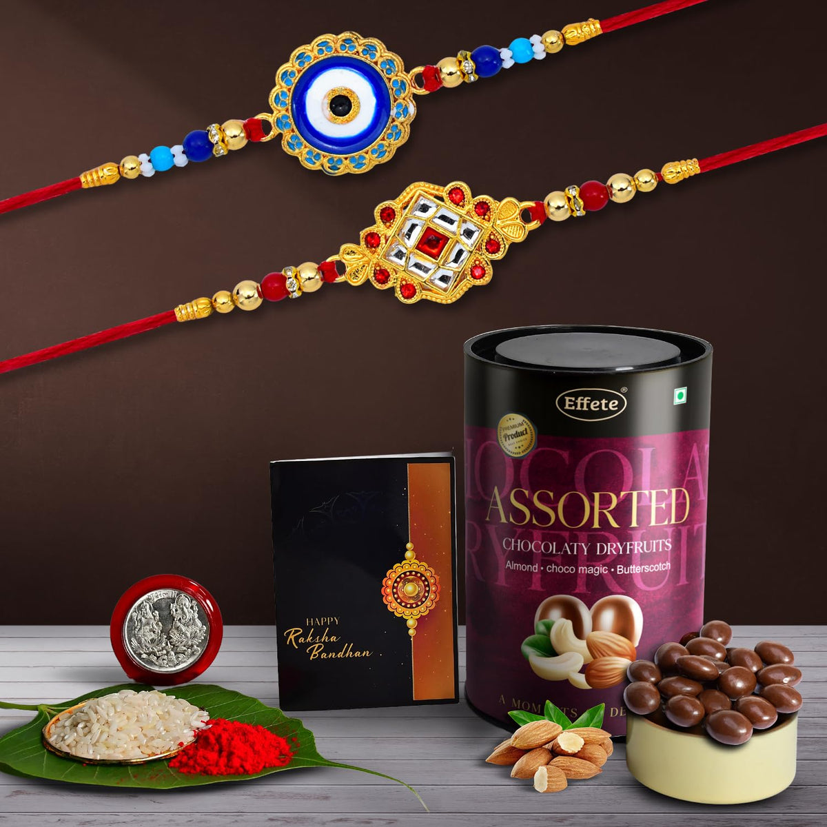 Rakshbandhan Special Silver Plated Unique Flower Rakhi Combo with  Chocolate Almonds, 96 g, Roli Chawal, Pooja Coin and Greeting Card