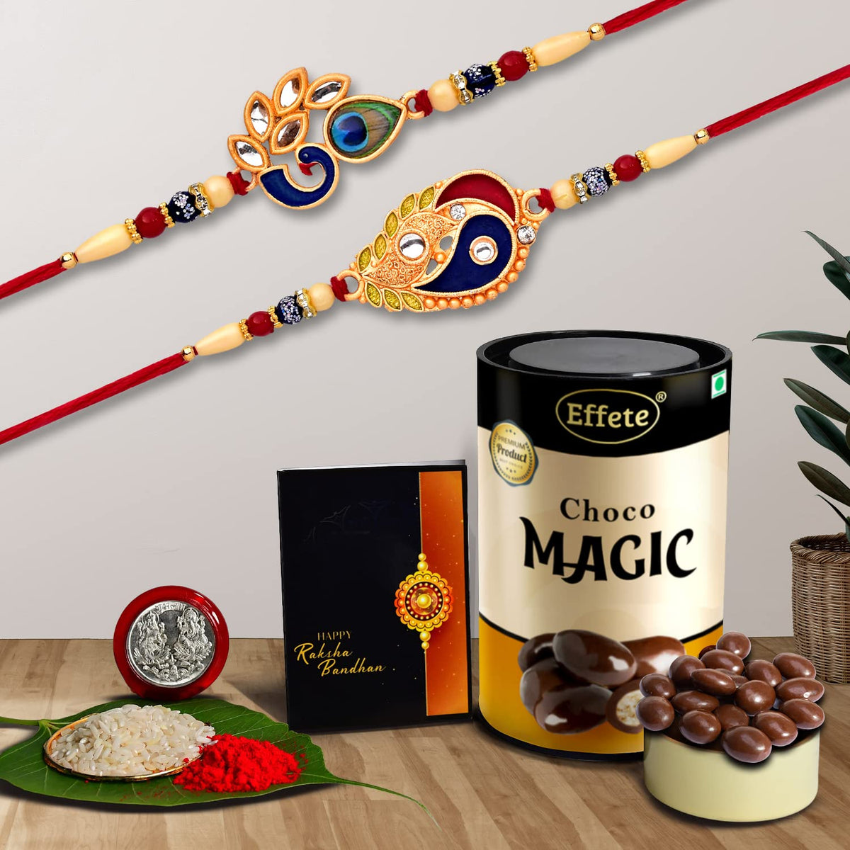 Multicolor Rakhi Combo with  Chocolate Magic , Silver Color Pooja Coin, Roli Chawal & Greeting Card, Occasion, Rakhi & Chocolate for brother, bracelets for men stylish, rakhi with gift, Rakhi Combo, Set of 2 Rakhi, Rakhi Chocolate Gift combo