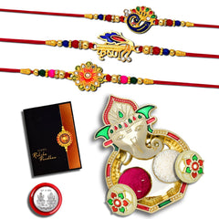 Rakhi Combo with (K3_320+321+322_AA3) with Pooja Coin, Shri Ganesh Pooja Thali / Tilak Set & Greeting Card Rakhi with plate | rakhi thali set | rakhi in silver | rakhi hamper | handmade rakhi | rakhi for brother kids | rakhi for brother and bhabhi