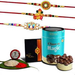 Rakhi (K3_511+513+514_CM) & Chocolate Magic, Rakhi Combo with card and chocolate, chocolates gift pack, Rakhi & Chocolate for brother, rakhi with gift, Set of 3 Rakhi