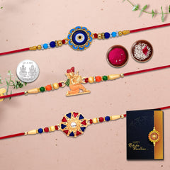 Unisex-Adult Vibrant Rakhi Set With Multicolor Designs And Ganesha Pack Of 3 Designer Rakhis For Brothers Best Rakhi Combo For Brothers Attractive Rakhi Set Of 3 - Perfect For Siblings