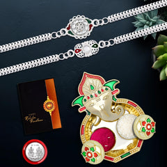 Rakhi Combo (K2_C15+C16_AA3) with Pooja Coin, Shri Ganesh Pooja Thali / Tilak Set & Greeting Card, rakhi thali set | Rakhi with plate | bhaiya bhabhi rakhi set | rakhi hamper | handmade rakhi | rakhi for brother and bhabhi | rakhi for brother kids