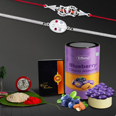 Rakhi Combo (K2_A43+A44_BA) &  Blueberry Choco Almond 96gm with Pooja Coin & Greeting Card | Rakhi Gift Hamper | Rakhi for brother with gift | Rakhi with chocolate |rakhi combo for brother | rakhi set of 2 | Rakhi Chocolate Gift combo|