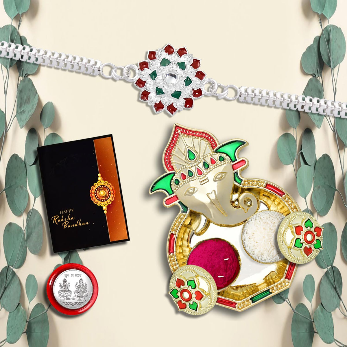 Rakhi for Brother Set of 1 with Dish, Silver Coin & Greeting Card, Rakhi for Brother and Bhabhi, Rakhi with Gift for Brother, Rakhi for Kids, Rakhi Set, Rakhi Combo (K1_A36_AA3)