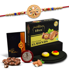 Rakhi For Brother Set Of 1 with Chocolate Almonds , Silver Color Pooja Coin, Roli Chawal & Greeting Card