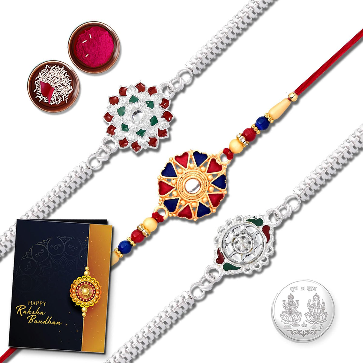Elegant Silver-Plated Rakhi Set With Multicolor Designs Pack Of 3 Designer Rakhis For Brothers Best Rakhi Combo For Brothers Attractive Rakhi Set Of 3 - Perfect For Siblings