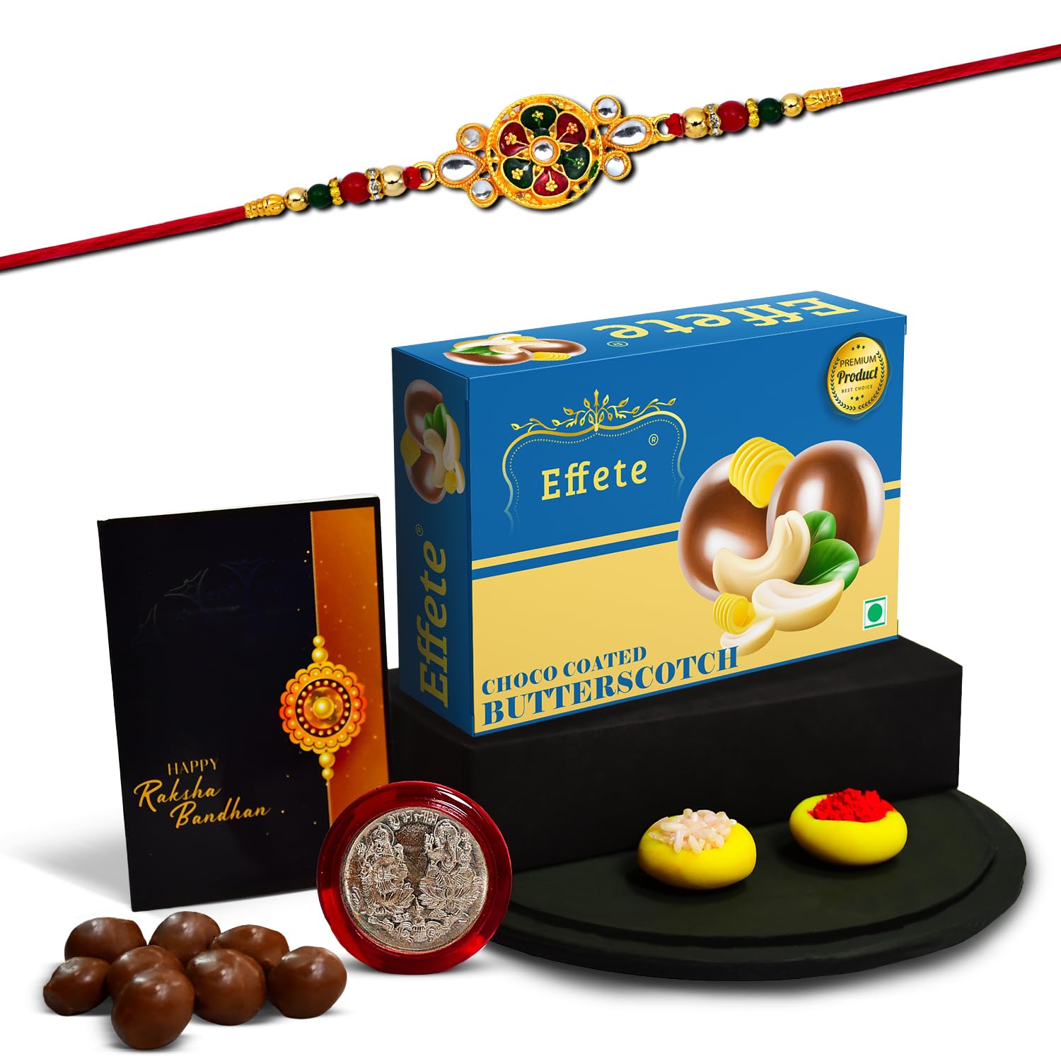 Rakhi For Brother Set Of 1 with Chocolate Butter Scotch 32gm, Pooja Coin with Greeting Card (K1_532_BS32)