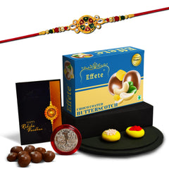 Rakhi For Brother Set Of 1 with Chocolate Butter Scotch 32gm, Pooja Coin with Greeting Card (K1_532_BS32)