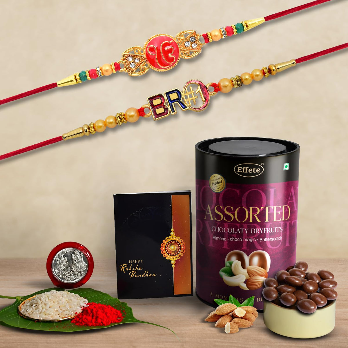 Rakhi (K2_360+361_AS) & Assorted Chocolate Dryfruits 96gm, Rakhi & Chocolate for brother, Rakhi with chocolate, rakhi with gift, Rakhi Combo, Set of 2 Rakhi, Chocolate