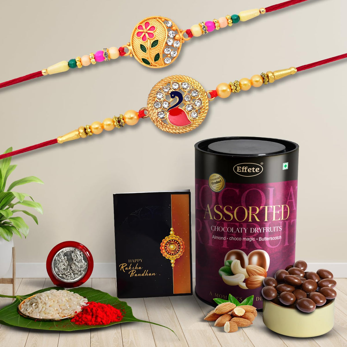 Rakhi (K2_431+507_AS) & Assorted Chocolate Dryfruits 96gm, Rakhi & Chocolate for brother, Rakhi with chocolate, rakhi with gift, Rakhi Combo, Set of 2 Rakhi, Chocolate