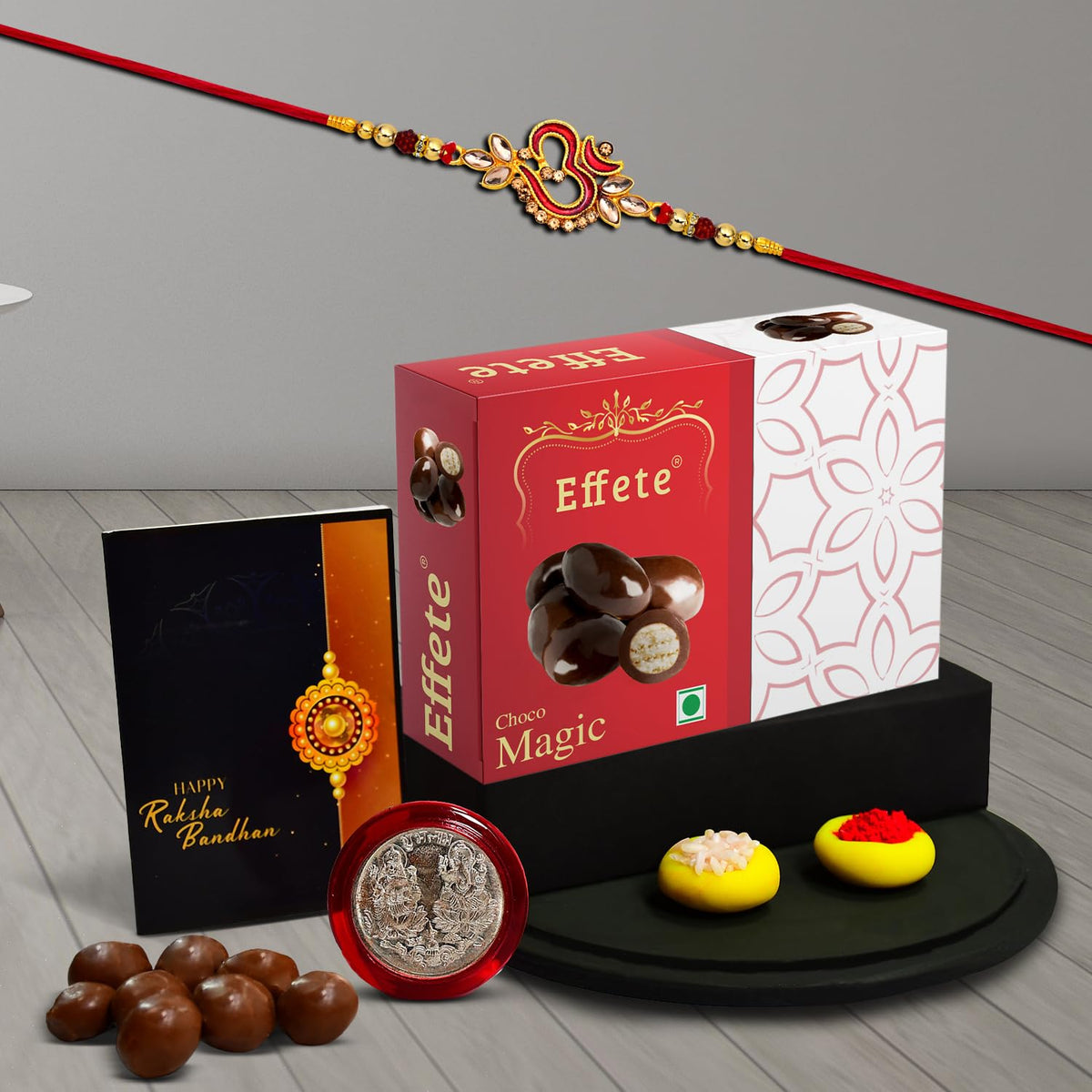 Rakhi Rakhi For Brother Set Of 1 with Silver Color Pooja Coin, Rakhi With Greeting Card (K1_552_EM32)
