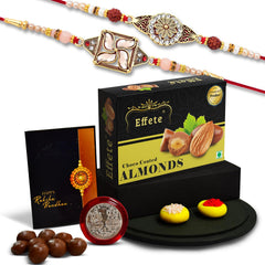 Rakhi (K2_425+426_CA32) & Chocolate Almonds 32gm | Rakhi Combo with card and chocolate | chocolates gift | Rakhi & Chocolate for brother | rakhi with gift | Set of 2 Rakhi