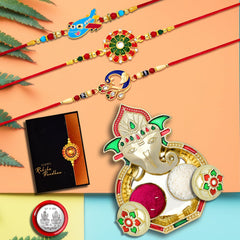 Rakhi Combo with Pooja Coin, Shri Ganesh Pooja Thali / Tilak Set & Greeting Card Rakhi with plate| rakhi for kids |rakhi in silver | handmade rakhi | rakhi for brother & bhabhi |rakhi Set of 3
