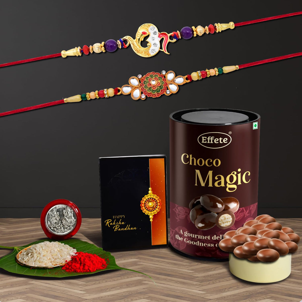 Rakhi (K2_410+411_EM) & Chocolate Magic, Rakhi Combo with card and chocolate, chocolates gift pack, Rakhi & Chocolate for brother, rakhi with gift, Set of 2 Rakhi
