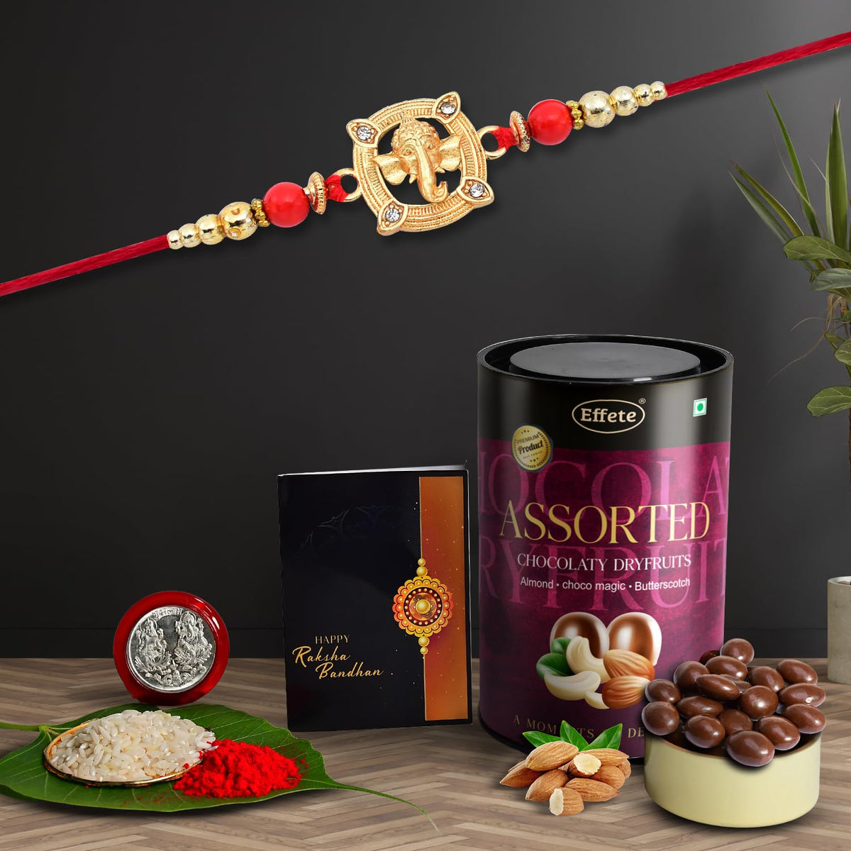 Shri Ganesh Rakhi For Brother Set Of 1 with Assorted Chocolate Dryfruits 96gm(K1_908_AS)
