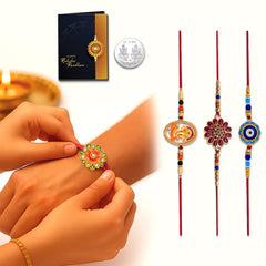 Unisex Adult Three Traditional Rakhis With Om, Flower, And Ganesha Designs Pack Of 3 Designer Rakhis For Brothers Best Rakhi Combo For Brothers Attractive Rakhi Set Of 3 - Perfect For Siblings
