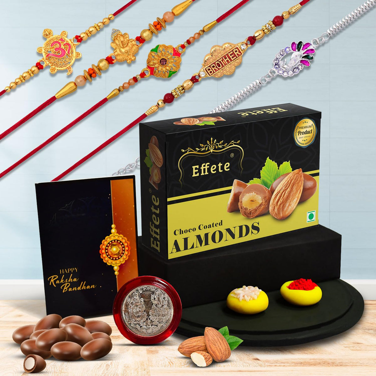 Rakhi For Brother Set Of 5 &  Chocolate Combo with Silver Color Pooja Coin, Rakhi With Greeting Card (K5_NC5_CA32)
