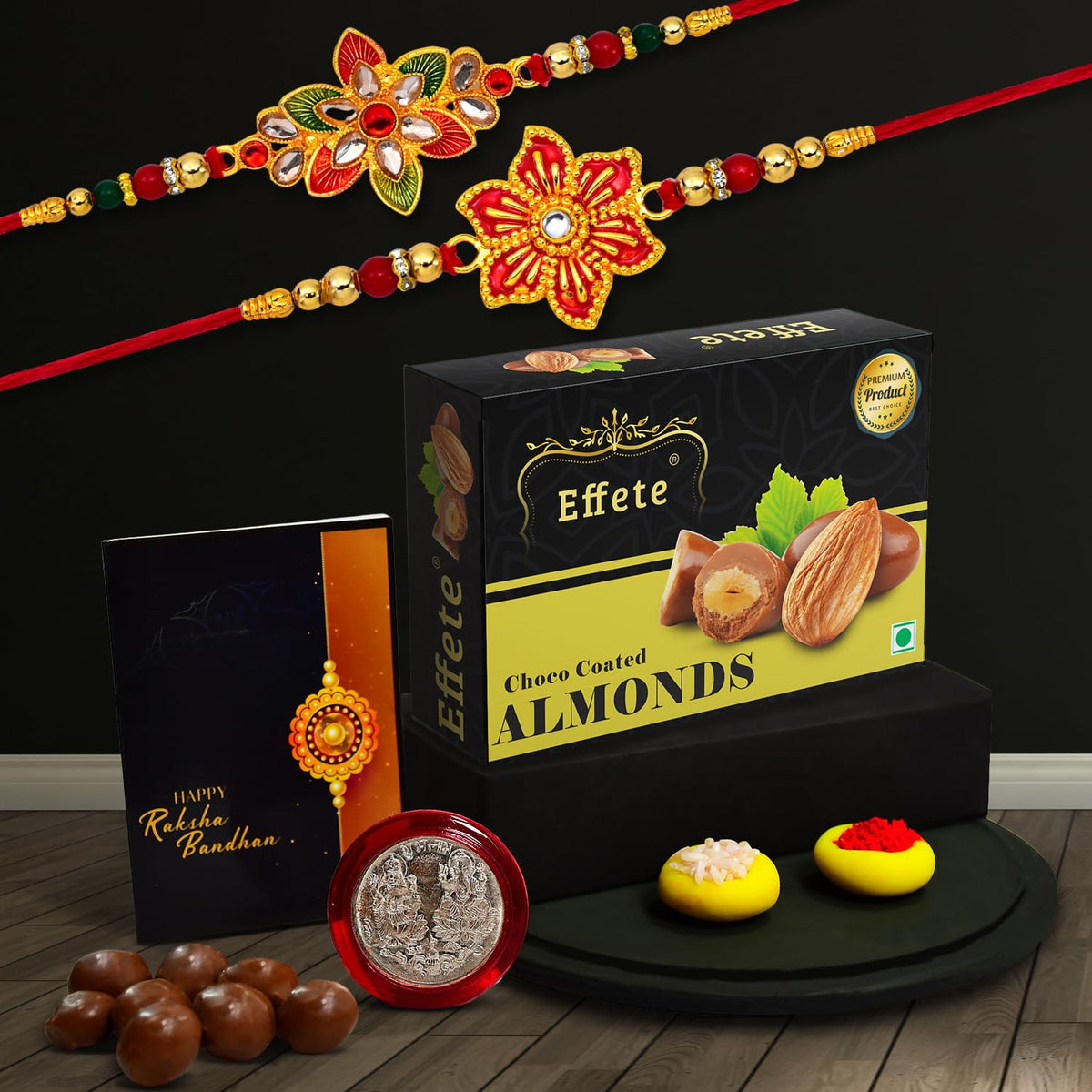 Rakshabandhan Floral Rakhi For Brother Set Of 2 With Chocolate Almonds 32gm (K2_522+526_CA32)
