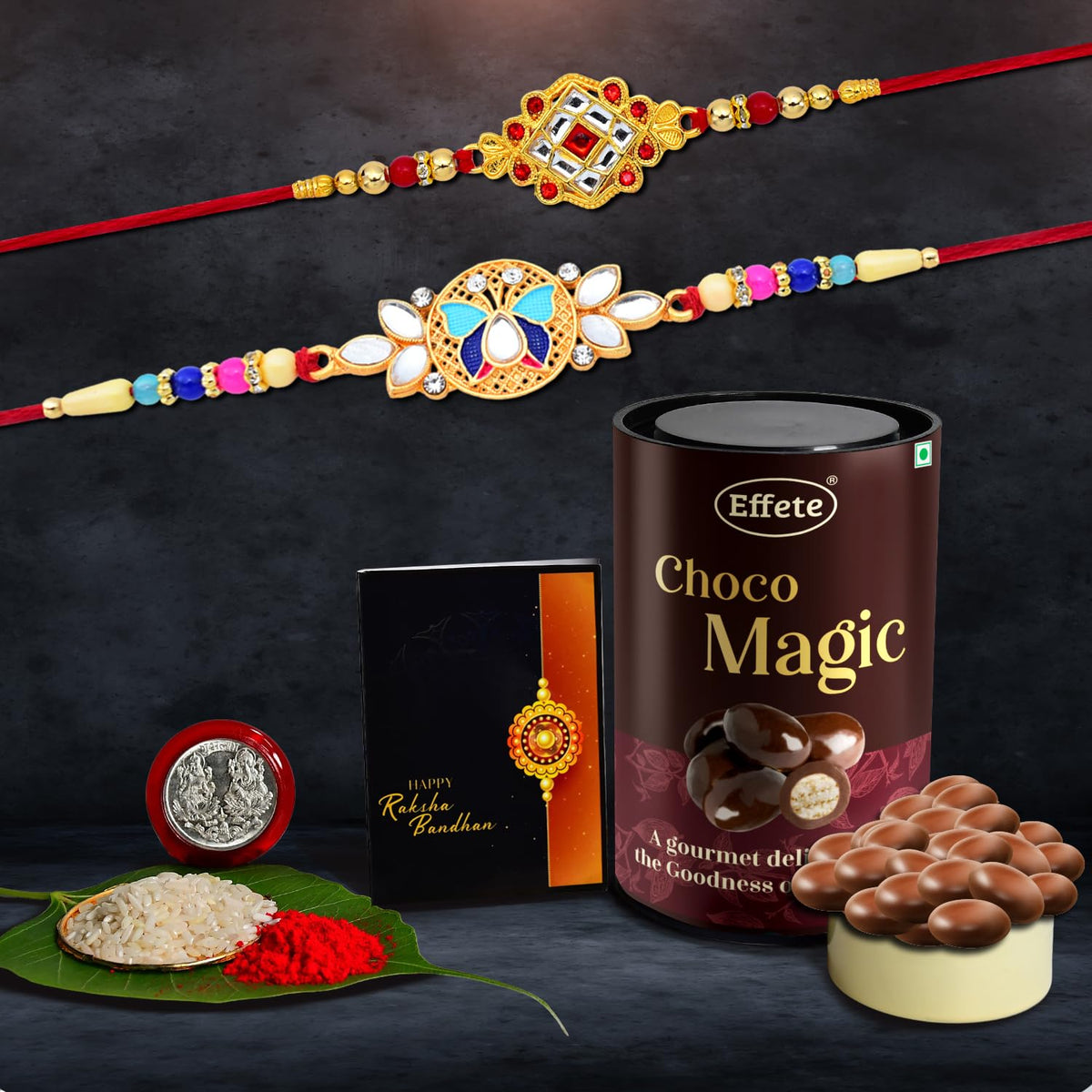 Rakhi (K2_514+515_EM) & Chocolate Magic, Rakhi for brother with gift, Rakhi with chocolate, rakhi combo for brother, Set of 2 Rakhi,  Chocolate