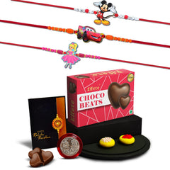Rakhi Combo (K3_871+872+873_CB32) &  Chocolate Beats 32gm with Pooja Coin & Greeting Card, rakhi for kids boy, kids rakhi with gift, rakhi with gift for kids, Rakhi with chocolate, rakhi for kids, rakhi for brother kids, rakhi set of 3