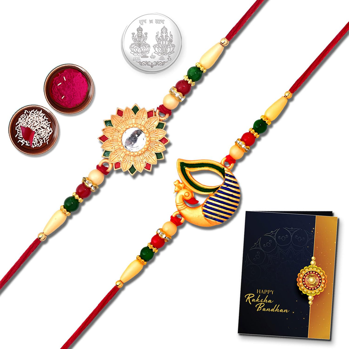 Unisex Adult Rakhi (K2_256+258) Pooja Coin & Rakhi Card, Bhai Bhabhi Rakhi Set, Kundan Rakhi, Rakhi Lumba Set, Rakhi Set Of 1