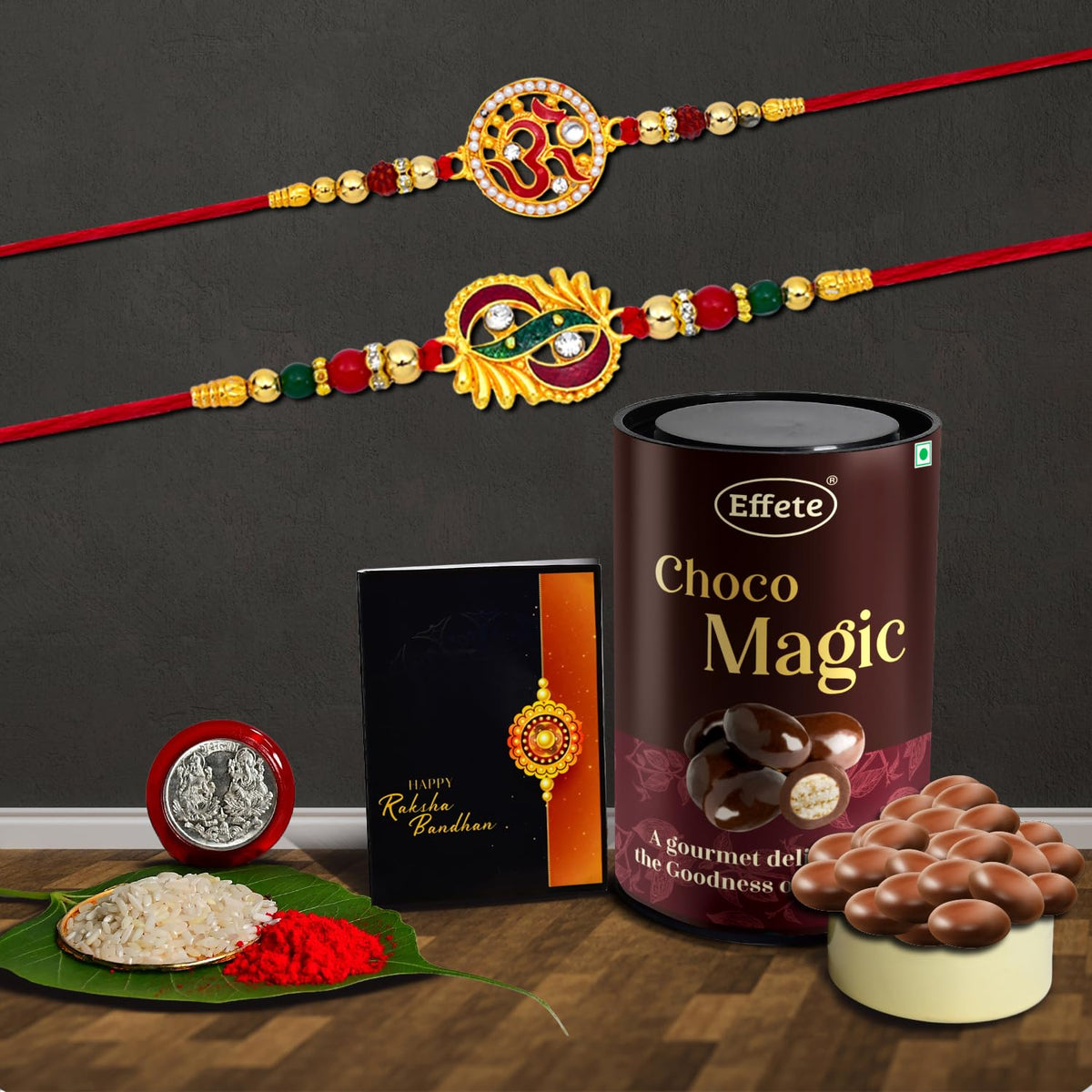 Rakhi (K2_272+273_EM) & Chocolate Magic, Rakhi for brother with gift, Rakhi with chocolate, rakhi combo for brother, Set of 2 Rakhi, Chocolate