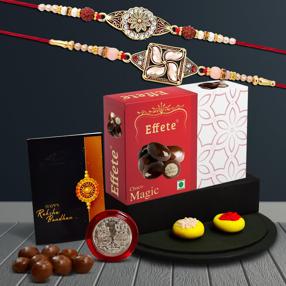 Rakhi For Brother Set Of 2 with Chocolate Magic 32gm, Pooja Coin & Greeting Card, Rakhi For Brother And Bhabhi, Rakhi With Sweets(K2_425+426_EM32)