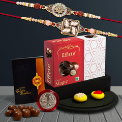 Rakhi For Brother Set Of 2 with Chocolate Magic 32gm, Pooja Coin & Greeting Card, Rakhi For Brother And Bhabhi, Rakhi With Sweets(K2_425+426_EM32)