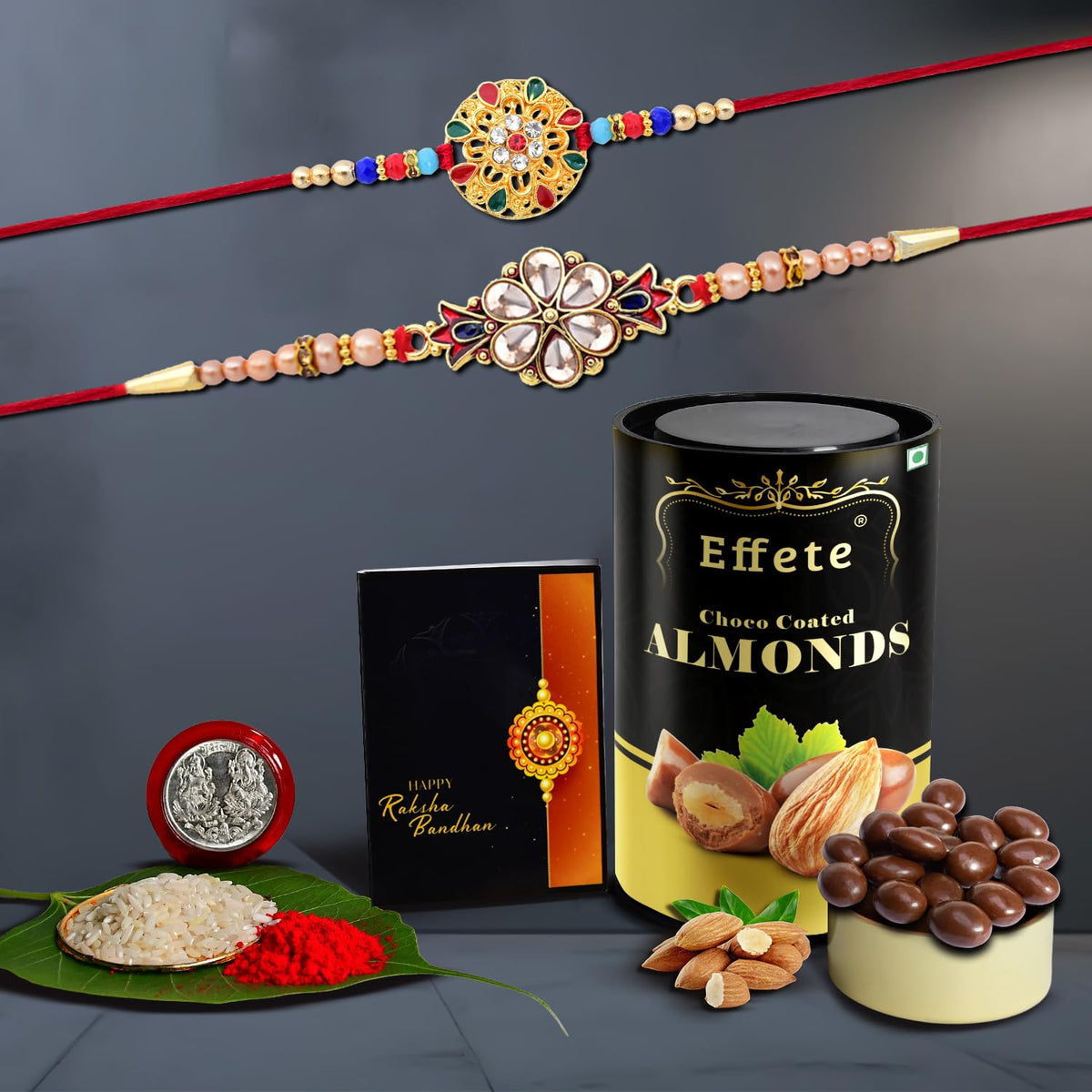 Rakhi (K2_429+430_CA) & Chocolate Almonds 96gm | Rakhi Combo with card and chocolate | chocolates gift | Rakhi & Chocolate for brother | rakhi with gift | Set of 2 Rakhi