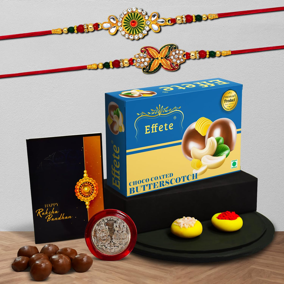 Rakhi (K2_547+548_BS32) & Chocolate Butter Scotch 32gm| Rakhi for brother with gift | handmade rakhi |rakhi combo for brother | stylish rakhi for brother | Set of 2 Rakhi |