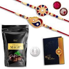 Rakhi For Brother Set Of 2 Multicolor Rakhi with  Choco Magic, Silver Color Pooja Coin & Greeting Card