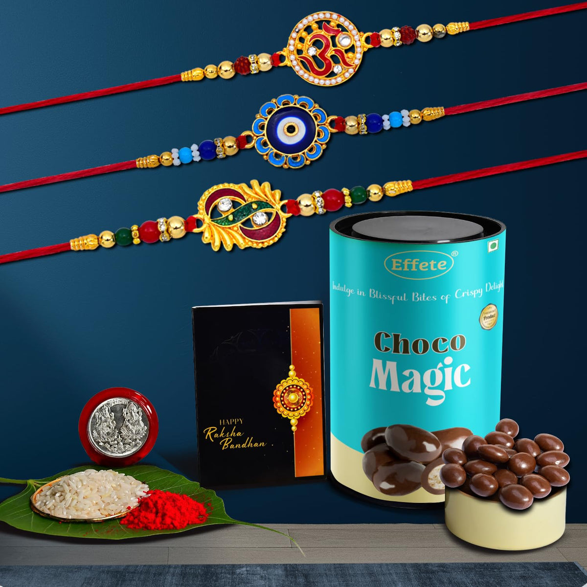 (K3_272+273+275_CM) Rakhi Combo with Chocolate Magic, Rakhi & Chocolate for brother, Rakhi with chocolate, rakhi with gift, Rakhi Combo, Set of 3 Rakhi,  Chocolate