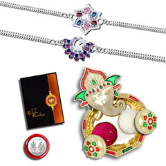 Rakhi Combo with (K2_C11+C12_AA3) with Pooja Coin, Shri Ganesh Pooja Thali / Tilak Set & Greeting Card Rakhi with plate | rakhi thali set | rakhi in silver | rakhi hamper | handmade rakhi | rakhi for brother kids | rakhi for brother and bhabhi | ra