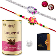 Multicolor Peacock Silver & Ganpati in Lotus Colorful Rakhis / Bracelet &  Chocolate Emperor (CRM), with Silver Color Pooja Coin, Roli Chawal & Greeting Card, Occasion, Rakhi Combo with card and chocolate, chocolates gift pack, Rakhi & Chocol