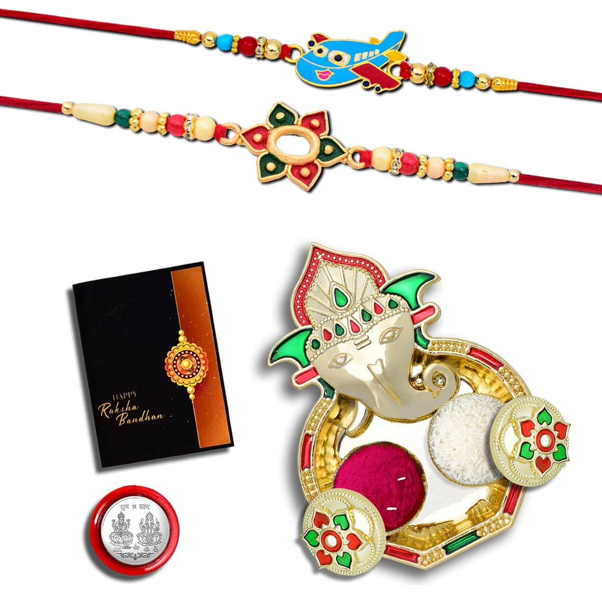 Rakhi (K3_277+282+293_AA3) with Pooja Coin, Shri Ganesh Pooja Thali / Tilak Set & Greeting Card, rakhi thali set, Rakhi with plate, rakhi for brother and bhabhi, rakhi for baby brother, online Rakhi combo, rakhi for brother kids, rakhi Set of 3
